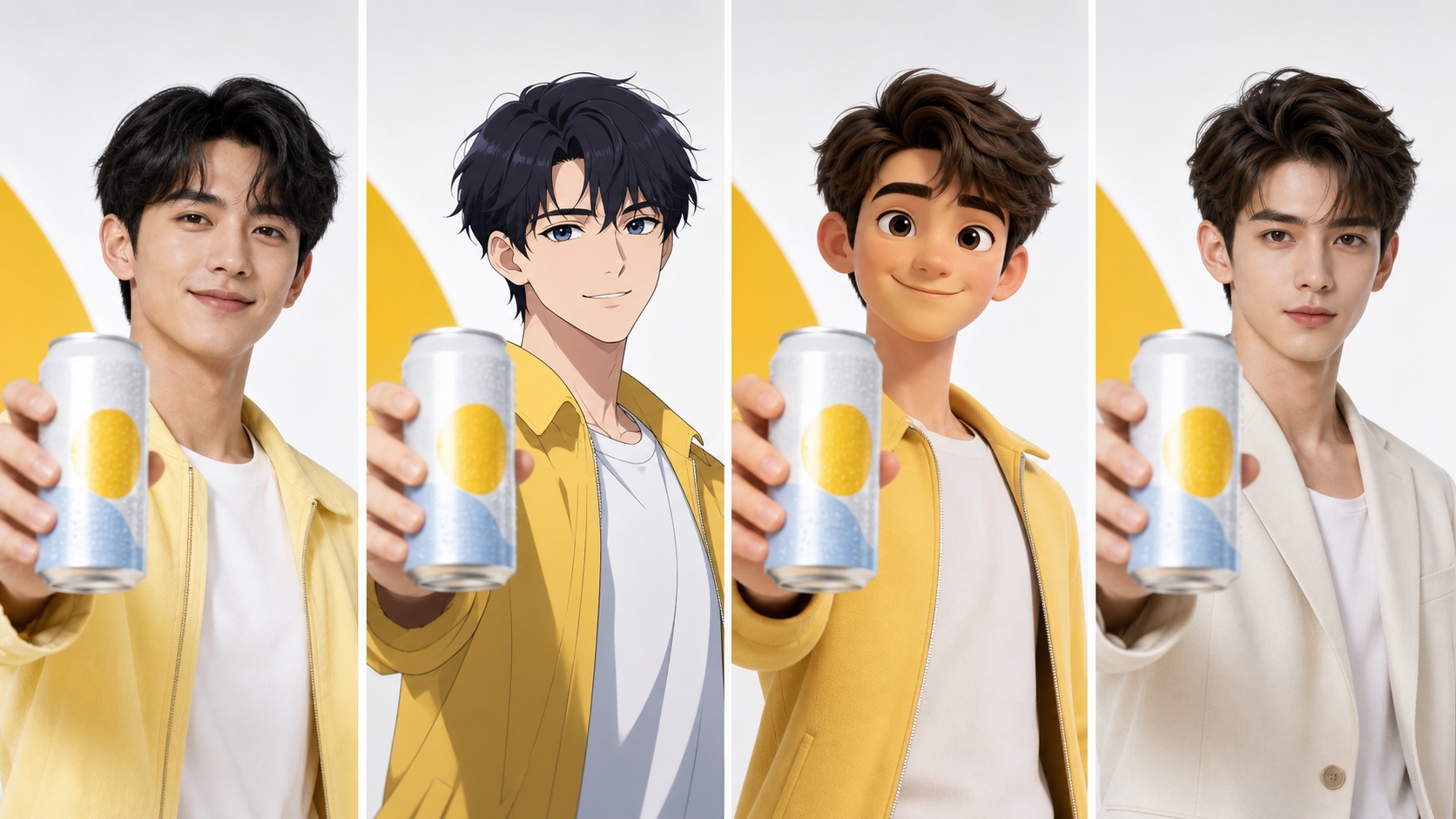 The same ad shot repeated with four different personas and outfits