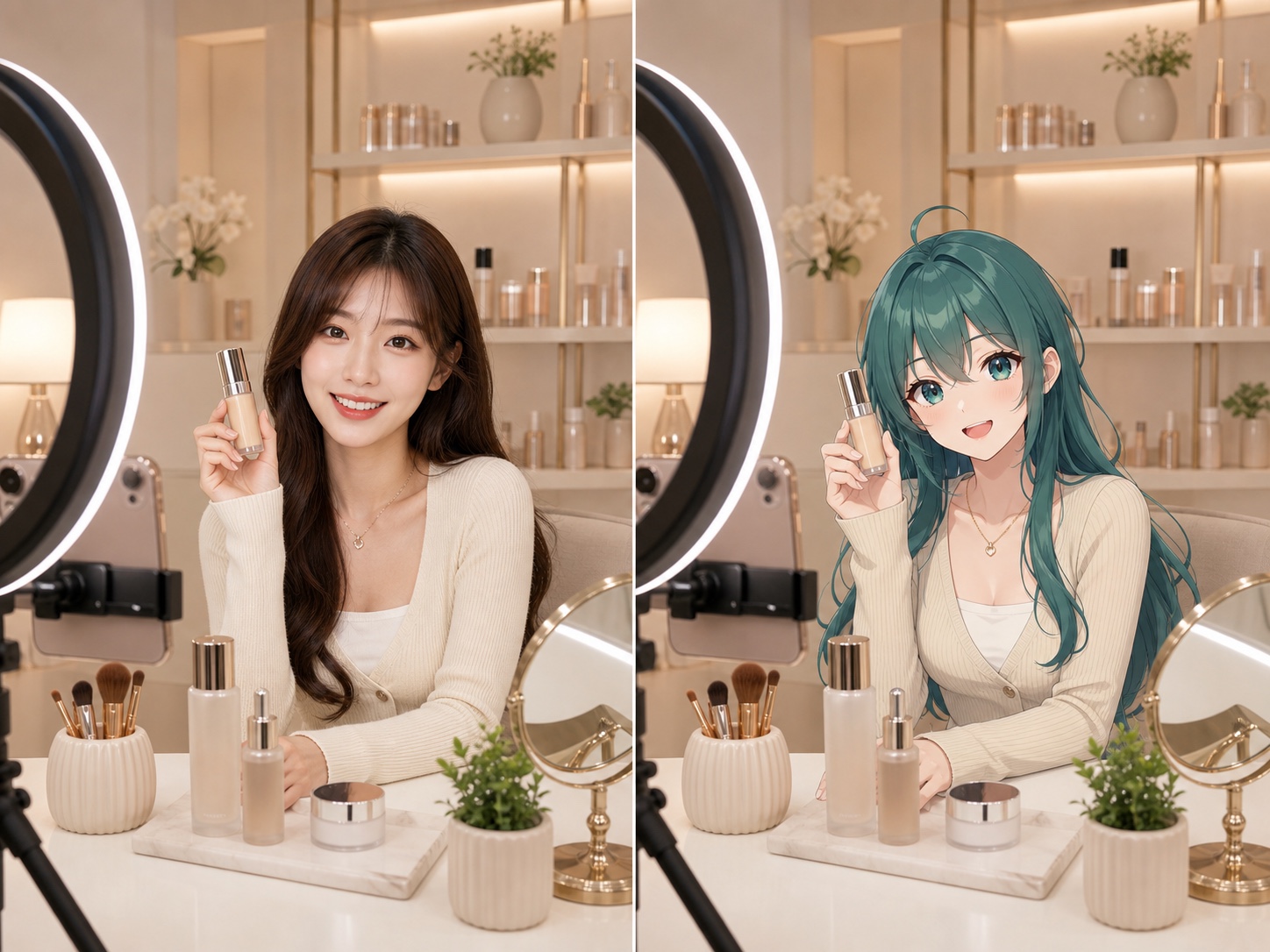 A stylized virtual host presenting a product in a live shopping stream